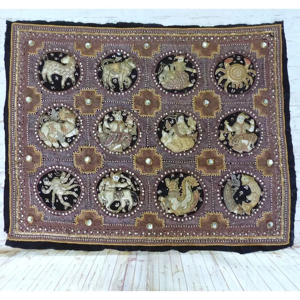 VTG THAI KALAGA Tapestry Astrological Zodiac Horoscope Hand Embroidered Beaded